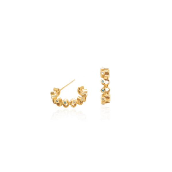 Molyvos diamond hoop earrings in 18K yellow gold, shown from two angles to reveal their repeating open semicircles and diamond details.