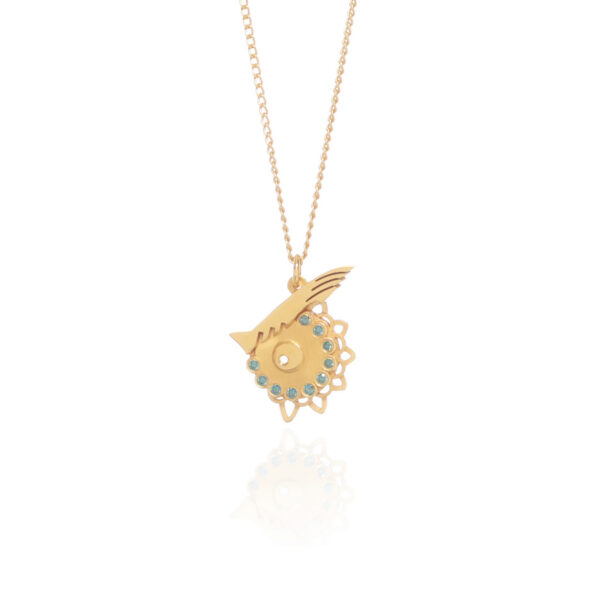 Single Owl Eye necklace in 18K yellow gold, featuring an owl-eye motif framed by blue diamonds and suspended from a fine gold chain.