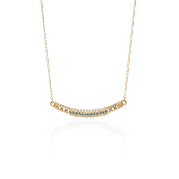 18K gold Antissa curved bar necklace with round brilliant-cut white and treated blue diamonds by Elsa Mouzaki