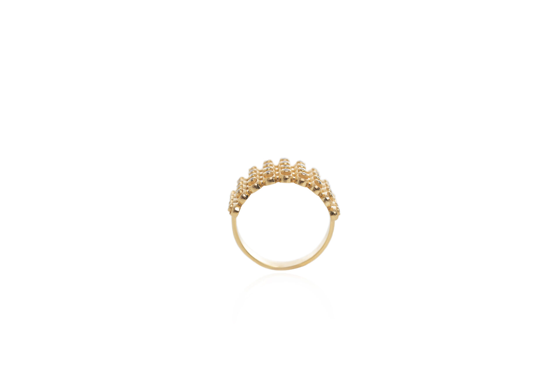 Front view of Molyvos Lines diamond ring in 18k recycled gold, showing the curved band and structured design.
