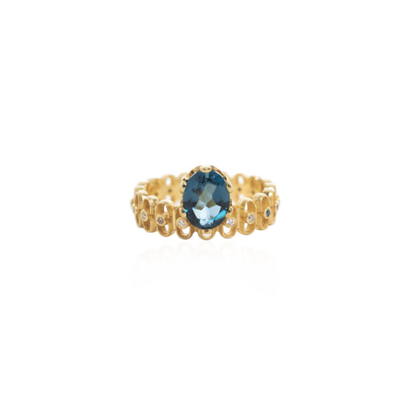 Front view of the Molyvos ring in 18K gold, set with an oval London blue topaz and diamonds.