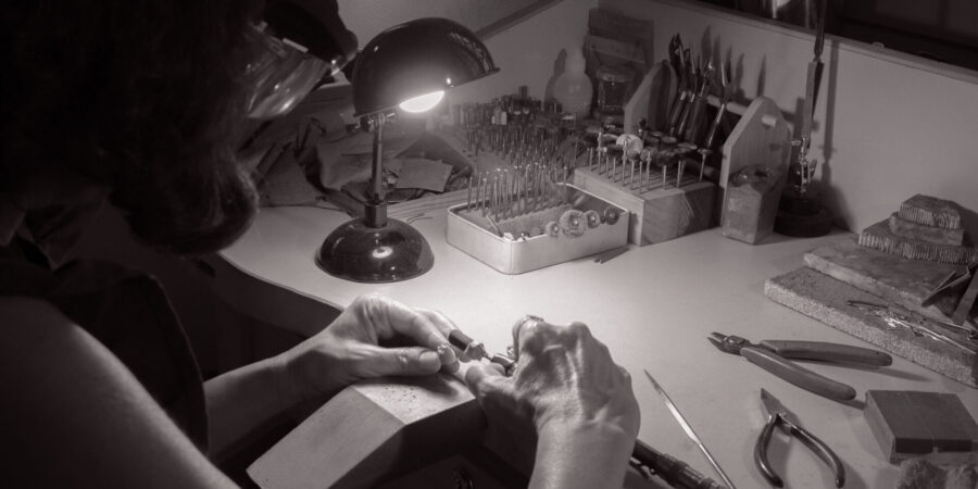 Elsa Mouzaki handcrafting a bespoke piece of jewellery at her atelier workbench